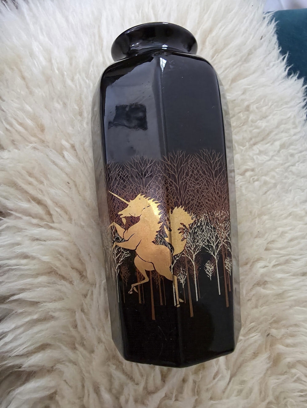 Vintage Otagiri Japan black porcelain vase featuring a gold gilt unicorn design